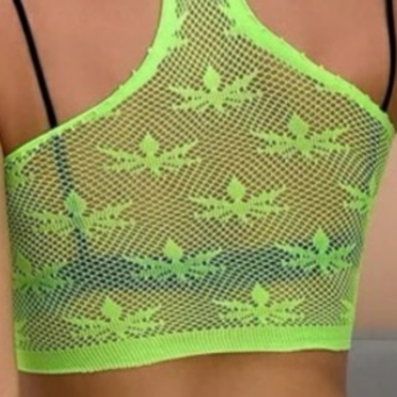 2pc Neon Green 420 Leaf Design Mesh Crop Top & Booty Shorts Set (S) - Picture 5 of 5